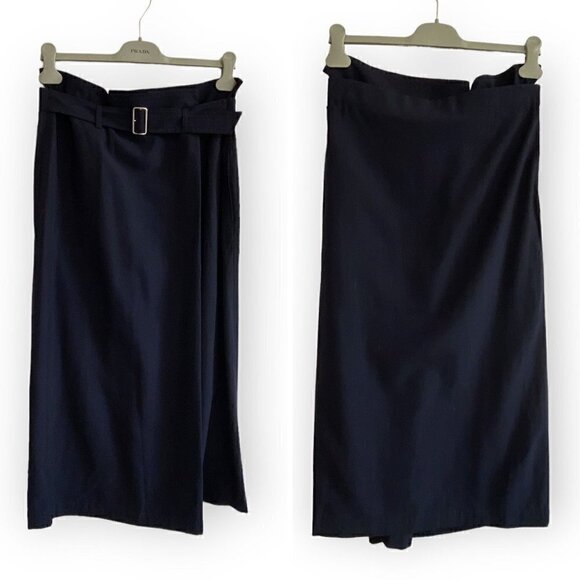 90s Comme des Garçons Tricot Navy Wool Belted Midi Skirt, Size M - Picture 1 of 14